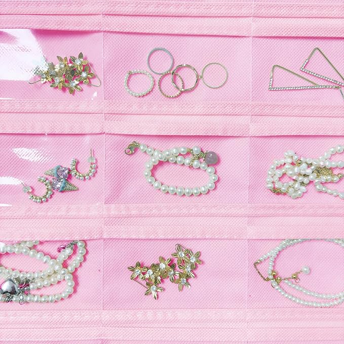Hanging Jewelry Organizer 80-Pocket Double-Sided Storage, 2-Pack, Pink | Foldable clear PVC 80-pocket storage; swivel hook fits walls, doors & rods to organize earrings, necklaces, bracelets & rings