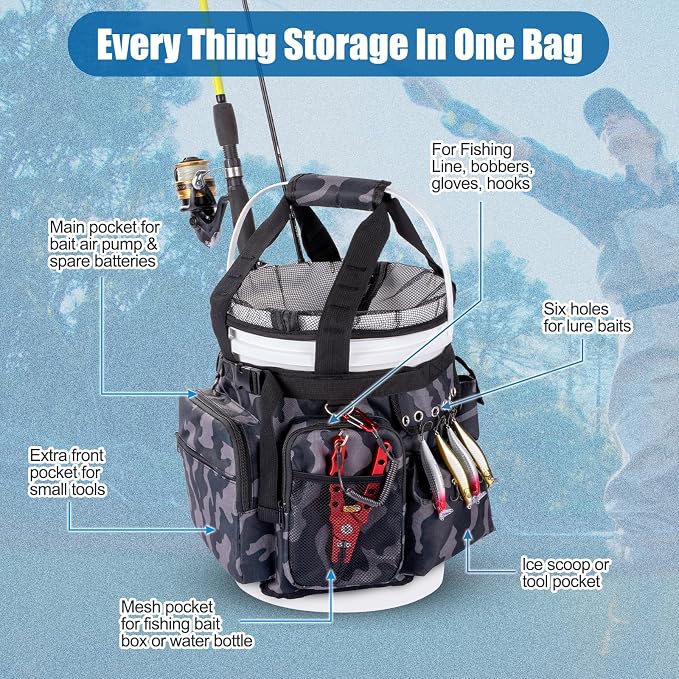 Fishing Bucket Organizer with Mesh Cover Fishing Tackle Bag | 600D Waterproof, Multi-Pockets, Adjustable Buckle, Fits 5 Gallon Bucket, Fishing Gear and Equipment