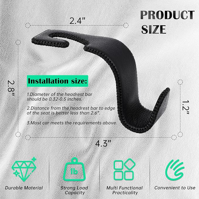 Amooca Car Seat Headrest Hook Universal Vehicle Storage Hanger Leather with Metal Car Seat Back Organizer for Handbag Purse Coat Black 2 Pack