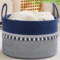 KAKAMAY Cotton Rope Storage Basket (20"x13"),Woven Hamper for Blankets,Toys,Pillows,Clothes,Laundry,Sturdy Handles Decorative Basket for Living Room, Bedroom,Nursery(Blue/White)