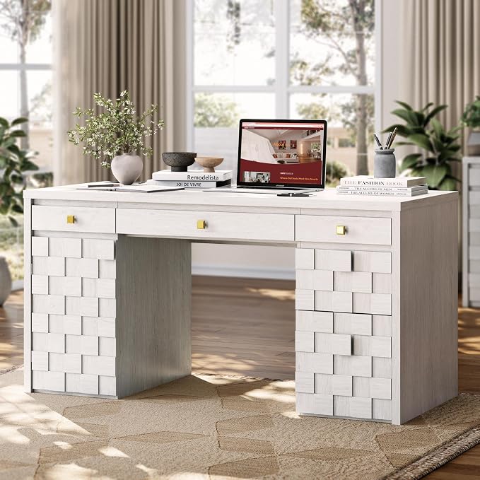 58" Executive Desk with Drawers, Home Office Desk with Charging Station & Keyboard Tray, Wood Office Desk with File Drawer & Storage Cabinet, Modern Computer Writing Desk with Adjustable Shelf, White