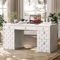 58" Executive Desk with Drawers, Home Office Desk with Charging Station & Keyboard Tray, Wood Office Desk with File Drawer & Storage Cabinet, Modern Computer Writing Desk with Adjustable Shelf, White
