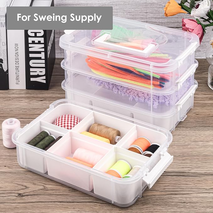 CraftGenes Sewing Storage Organizer, 4-Tier 10 Qt Box with 2 Trays, White | Clear Compartments; Dual Removable Inserts; Carry Handle; Side Latches; Thread, Bobbins, Needles, Beads, Notions