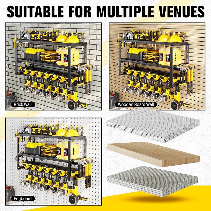 Hipidian Power Tool Organizer Wall Mount- 300lb Heavy Duty 3-Tier Storage Rack with 7 Drill Holders for Garage Tools, Best Birthday Tools Gifts for Men Dad Husband