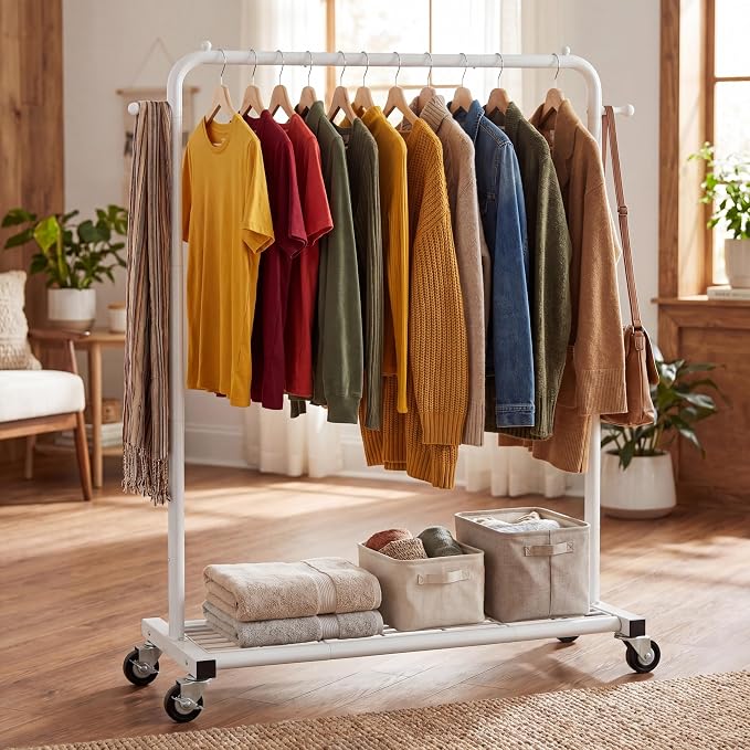 Sywhitta Clothing Rack on Wheels with Mesh Storage Shelf & Sturdy Metal Frame, Rolling Garment Rack for Hanging Clothes, Coats, Skirts, 39.76" L x 16" W x 64.56" H,White