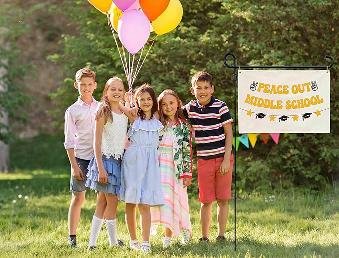 Peace Out Middle School Graduation Banner, Beige Cotton Canvas Classroom Wall Hanging Sign for Last Day of School Party Decor, 8th Grade Promotion Photo Booth Backdrop, Teacher Gift 28.5x20 Inch