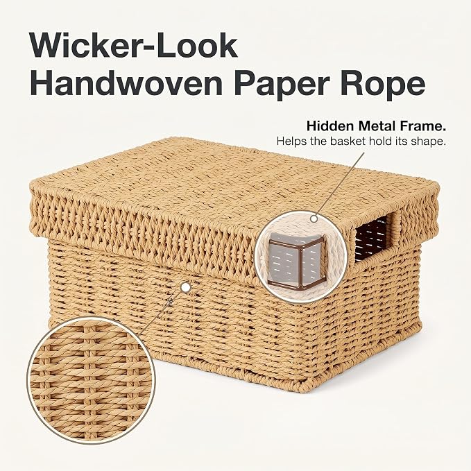 Wicker Storage Basket with Lid - Woven Storage Basket for Organizing,Rectangular Decorative Boxes Bins with Lids for Shelves, living room, Nursery, 2-Piece Set(Natural)