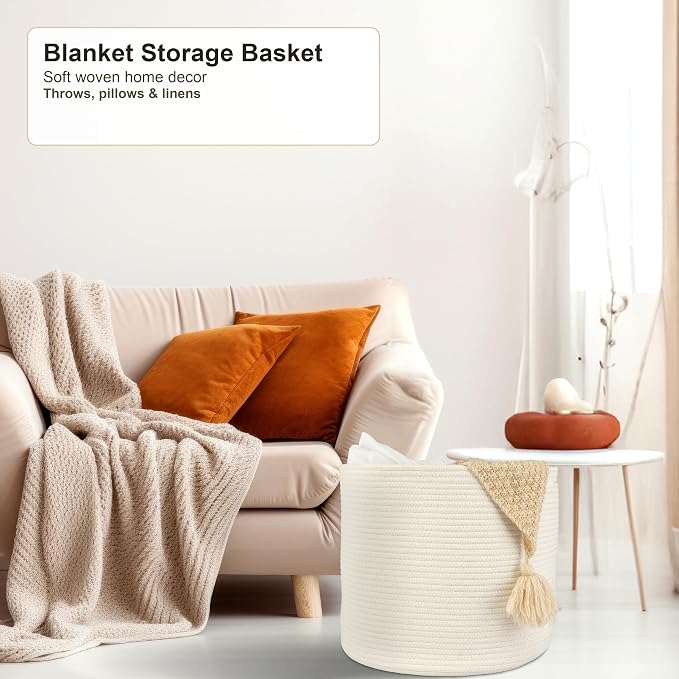 XUANGUO Cotton Rope Woven Basket, 16x14 in Kids Laundry Basket, white | Round blanket basket and small laundry basket; baby hamper or nursery storage bin for girls, boys, toys, clothes and shoes