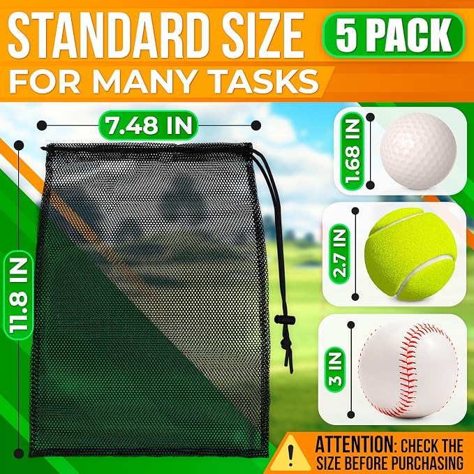 5 Pcs Small Mesh Bag Bulk, 11.8" x 7.48", Breathable Nylon (Black) | Reusable Small Mesh Bags Drawstring for Tennis, Golf, Travel, Beach, Sports Equipment, and Outdoor Activities; Tear-Resistant