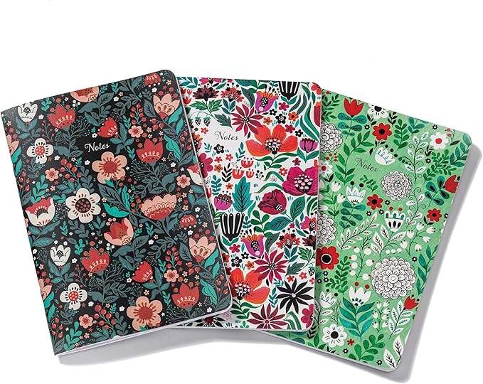 High Note Textured Floral Composition Notebook Journal, 3 Pack, 5.75" x 8.25", 64 Wide Ruled Pages, Small Notebooks for School, Journaling, Writing, Planner, by Dinara Mirtalipova
