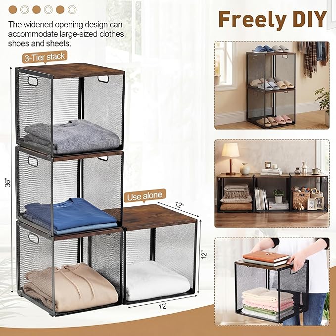 AceOrbit 3 Pcs Widened Stackable Closet Organizers and Storage with Wood Top Foldable Metal Cube Closet Shelf DIY Space Saving Linen Clothes Shoes Bed Sheet Bin for Wardrobe Bedroom(12"x12"x12", Dark)