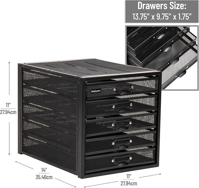Mind Reader File Storage Drawers, Desk Organizer, Multi-Purpose, Crafts, Office, Metal Mesh, 11"L x 14"W x 11"H, Black, 5 Drawer