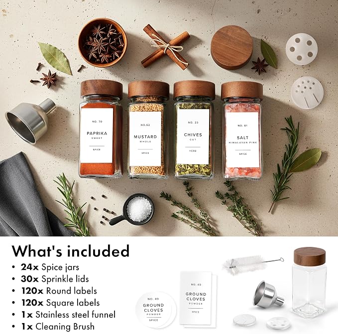 EDELHAUS Glass Spice Jars with Label, 24x Acacia Wooden Lids - White Labels | Airtight Lids keep spices fresh, Kitchen Spice Drawer Organizer, 4oz Seasoning Containers incl. Funnel, Brush & 240 Labels