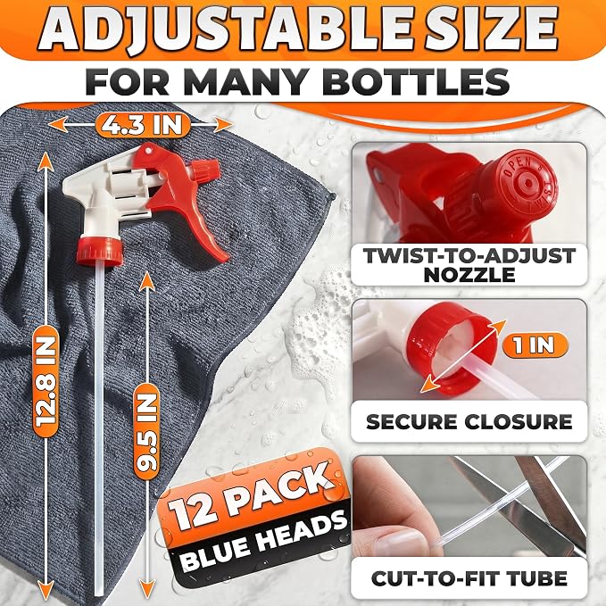 Spray Bottle Nozzle Replacement 12 Pack, Fits 8-32oz Bottles (Red) | Replacement Trigger Sprayer Heads for Bottles; Fits 28-400 Thread, Trim-to-Fit Tube; for Cleaning, Garden & Pet Carefor