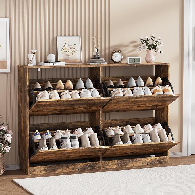 Shoe Storage Cabinet, Wood Shoe Organizer for Entryway with 3 Flip Drawers, Freestanding Shoe Rack with Adjustable Shelf, Narrow Shoe Dresser for Front Door Entrance (Brown, 4 Drawers)