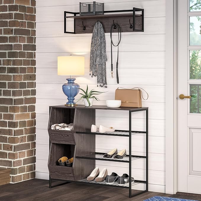 RiverRidge Afton Shoe Storage Organizer, Black Frame + Weathered Woodgrain | Versatile Entrway Shoe Rack with 3 Metal Shelves, and 2 Cubby Bins