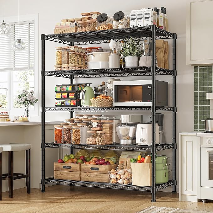 REIBII 1500LBS Adjustable Wire Shelving Unit, 5-Tier Metal Shelf with V-Shape Support,Tool-Free Assembly for Kitchen, Laundry, Industrial Use，17.7" D x 35.6" W x 71" H