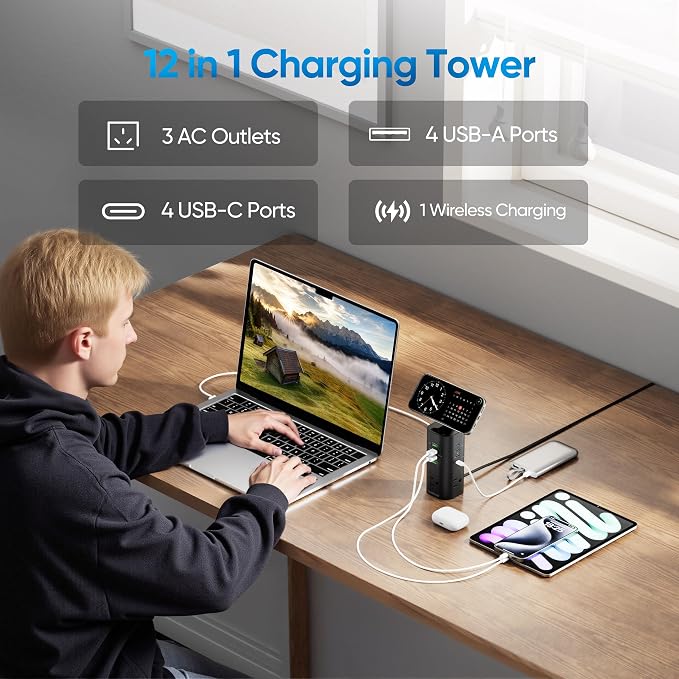 160W Fast Charging Station, TenTrend Power Strip Tower, 5FT Extension Cord | Charging Tower with 3AC Outlets & 8 USB Ports(4 USB-C), Foldable 15W Charging, Dorm, Office Desk Supplies
