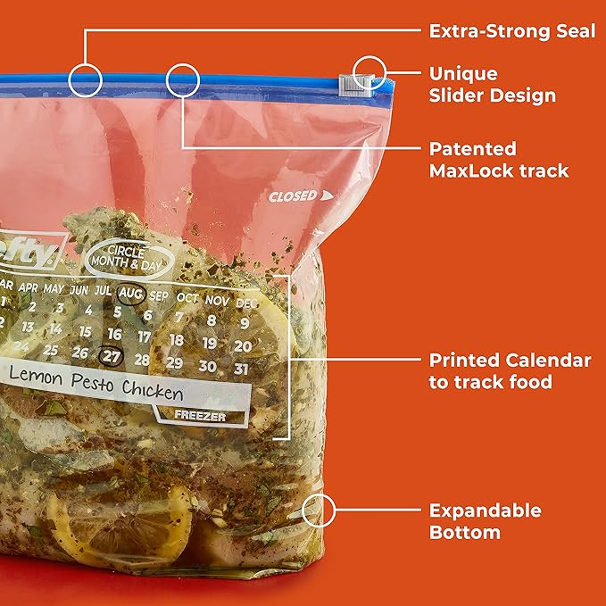 Hefty Calendar Slider Gallon Freezer Bags, 25 Count (Pack of 4), Gallon Slider Bags for Freezer with Calendar Dates, Holds Raw Meat, Soups, Fruits and Veggies, and More, Secure Zip and Click Closure