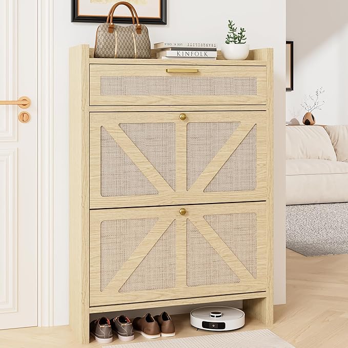 Rattan Shoe Storage Cabinet - Hidden Entryway Shoe Storage with Adjustable Shelf, Slim Shoe Organizer Cabinet with 2 Flip Drawers & 1 Drawer, Modern Shoe Cabinet Storage for Hallway Entrance