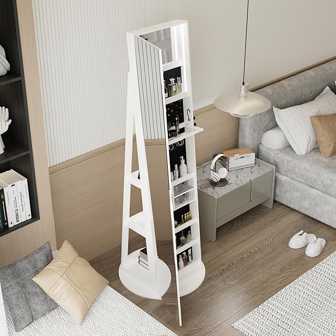 62" 360° Swivel Freestanding Storage Chest, Jewelry Cabinets with Interior Light, Utility Organizer with Lockable Design for Home Dressing, White
