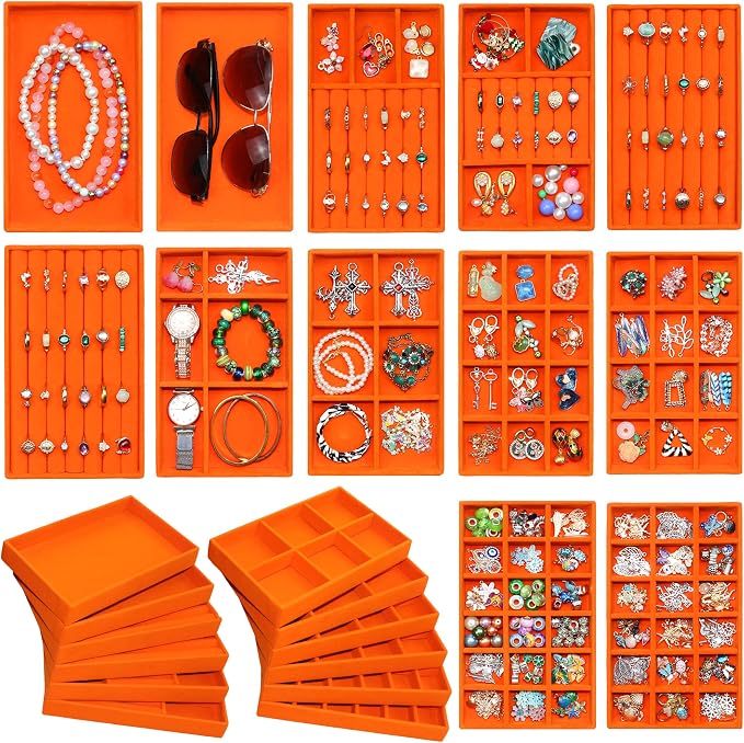 Jewelry Trays Organizer Stackable Velvet Earring Organizer Jewelry Tray for Drawers Ring Necklace Bracelet Storage Display Case, Set of 12