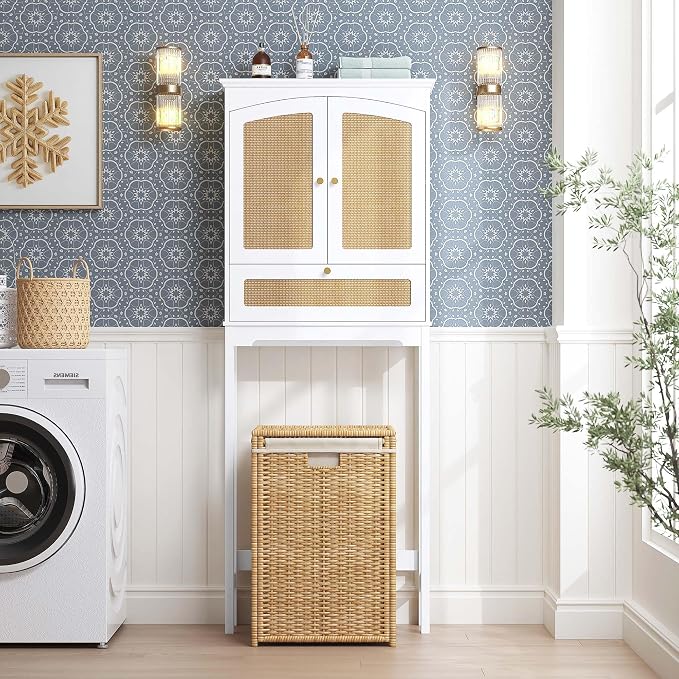 Spirich Over the Toilet Storage Cabinet with Arched Rattan Doors, White | Tilt-Out Storage Cube, Adjustable Shelf, 33-Inch Clearance, Anti-Tip Bracket, Freestanding Bathroom Organizer for Toiletries