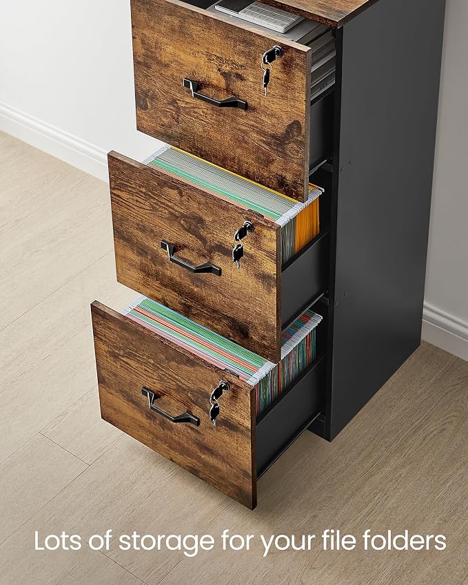 VASAGLE Custos Collection File Cabinet, 3 Drawer Filing Cabinet for Home Office, with Wheels, for A4, Letter Sized Documents, Hanging File Folders, Rustic Brown UOFC055K101S