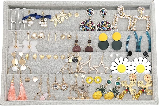 Stratalife 40 Pairs Stud Earring Organizer Tray, Stackable Velvet Jewelry Organizer for Women, Jewelry Storage Display Tray for Drawer, 13.8" x 9.4" x 1.2", Grey
