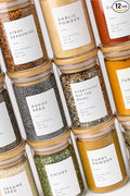 Bloomondo Glass Spice Jars with Label Pack (12x Bamboo Lid Glass Jar) Small 6oz Empty Spice Storage Bottles with 112 Printed Stickers and 48 Writable Pantry Labels for Seasoning Containers