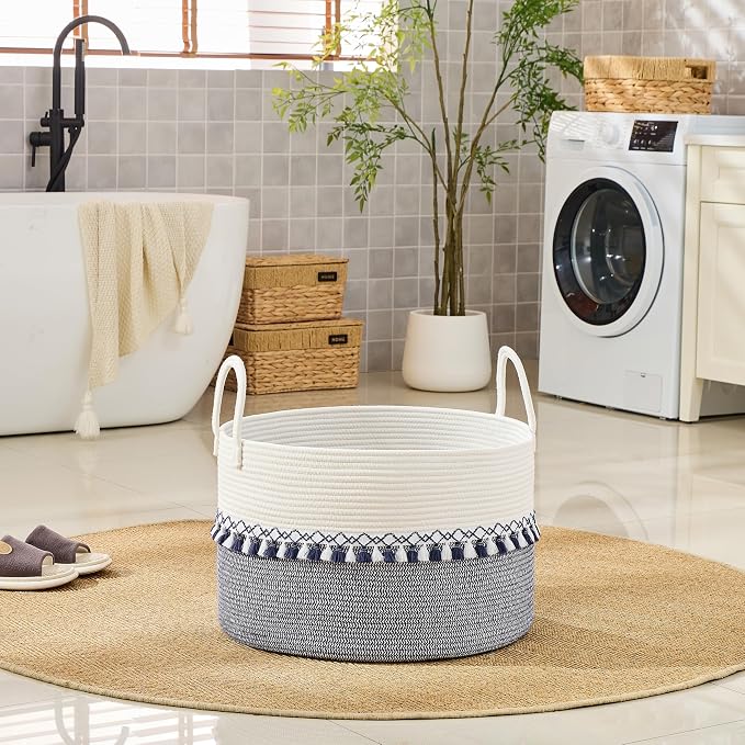 KAKAMAY Cotton Rope Storage Basket (20"x13"),Woven Hamper for Blankets,Toys,Pillows,Clothes,Laundry,Sturdy Handles Decorative Basket for Living Room, Bedroom,Nursery(Blue Printing)