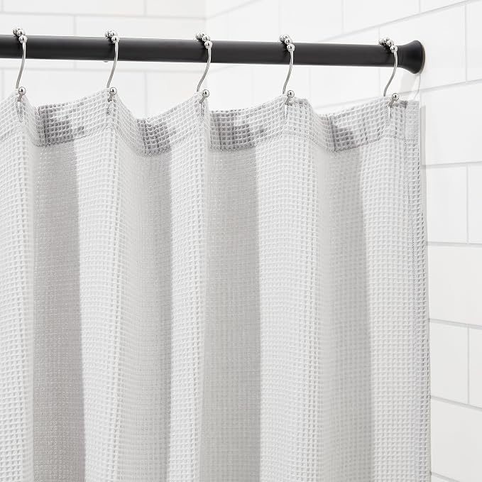 Amazon Basics No Drill Adjustable Sturdy Spring Tension Curtain Rod, Adjustable 54-90" Width, Black, Classic Finial