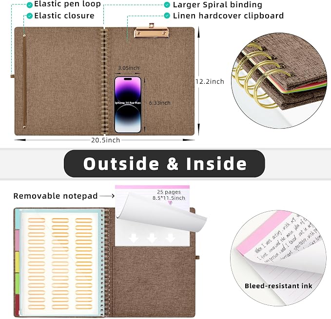 Ospelelf Brown Foldable Spiral Clipboard Folio with Storage Zipper Pouch, 5 Plastic Folders with 10 Pockets, Refillable Lined Notepad (11" x 8.5"), Linen Hardcover Project Organizer