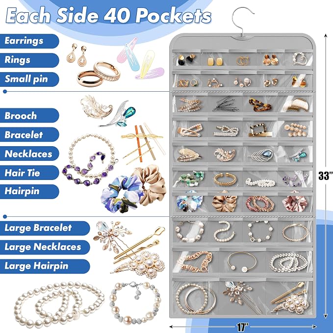 Simple Houseware 80-Pocket Hanging Jewelry Organizer with 5 Sizes | for All Types of Accessories, Gray