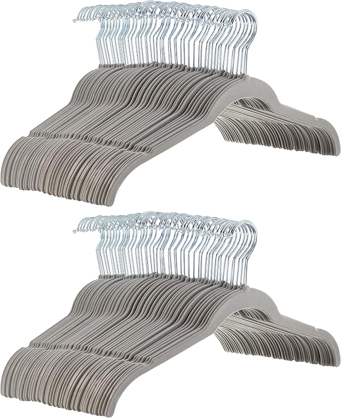 Amazon Basics Space Saving Slim Velvet Non-Slip Clothes Hangers, Sturdy, Gray/Silver, 100-Pack