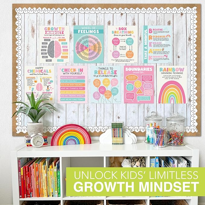 Hadley Designs 9 Mental Health Posters for Classroom - School Counselor Office Must Haves, Mental Health Therapy Office Decor, Growth Mindset Posters, Wheel of Feelings Chart, Pastel Classroom Decor