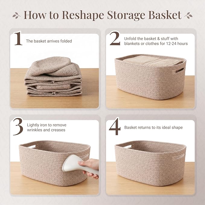 5-Pack Large Woven Rope Storage Baskets, 2 Sizes Organizer Bins | Fabric Cube Boxes and Rectangular Shallow Bins for Closet, Shelf, Bookshelf, Nursery, Changing Table, Bathroom, Toys & Home