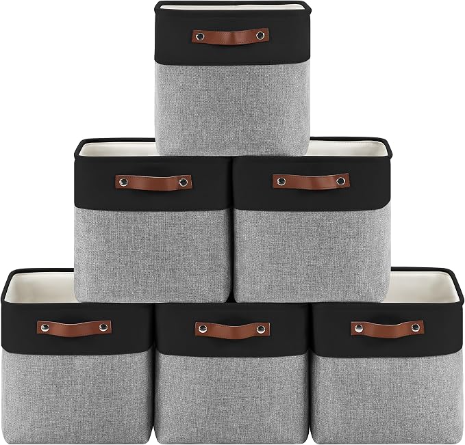 Patvingot Fabric Storage Cubes 11", 6 Pack, with PU Pull Handles,Foldable | For accessories on cube shelves or in closets; reinforced opening, pull-out access, folds flat when empty,black and gray