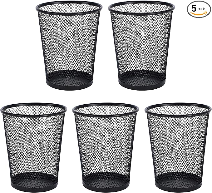 AIMI Pencil Case 5pcs Large Capacity Container Metal Mesh Pen Cup Office School Home Desk Pen Storage Organizer Can Makeup Holder Round Black