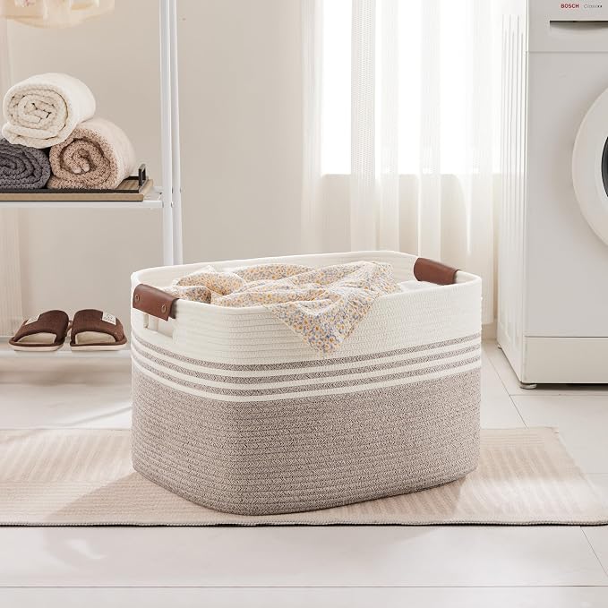 86L Large Woven Laundry Basket Hamper with Leather Handles,Brown | 24"x16"x14", collapsible wicker hamper, storage for dirty clothes, toys, blankets, gifts, living room, bedroom, bathroom