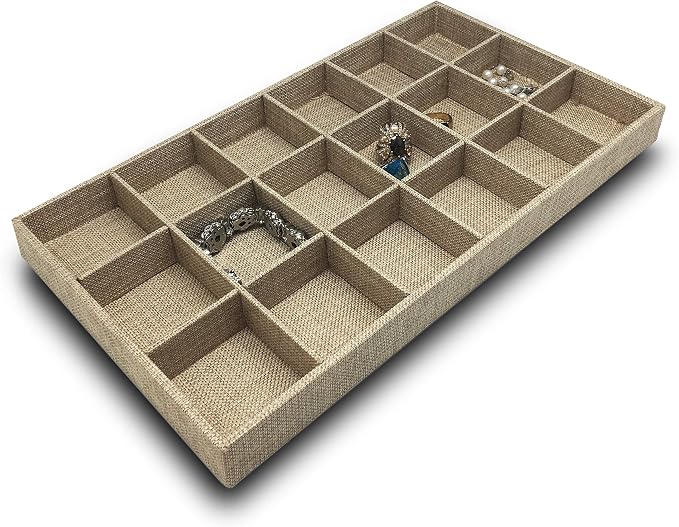 The Display Guys - Stackable Jewelry Tray and Organizer - for Drawers, Dressers, Store Display (18 Compartments, Beige Burlap)