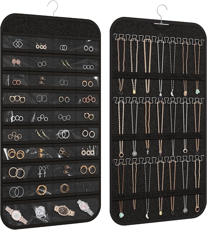 Double-Sided Hanging Jewelry Organizer for Necklaces Earrings, 1-Pack Black | Foldable 36 hooks & 40 clear pockets; swivel hook fits walls, doors & rods for earrings, bracelets, rings & small jewelry