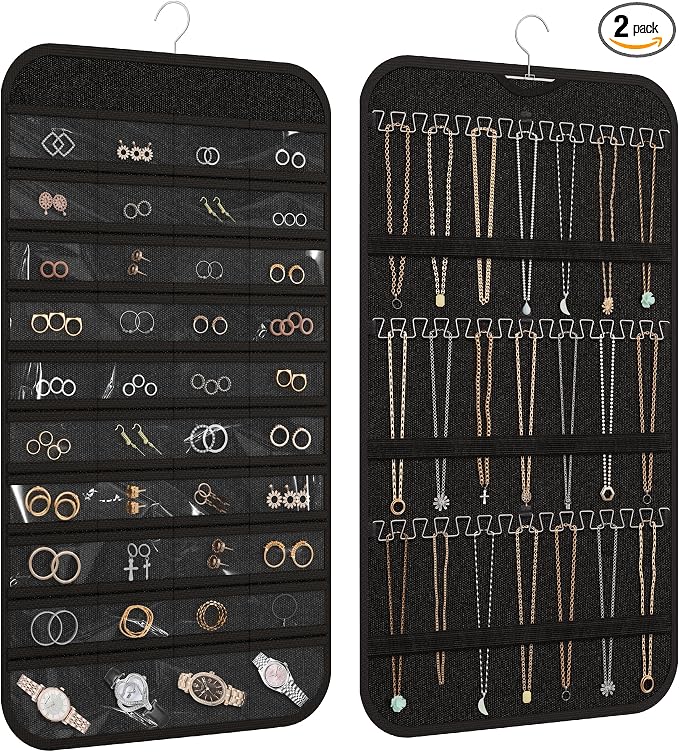 Double-Sided Hanging Jewelry Organizer for Necklaces Earrings, 2-Pack Black | Foldable 36 hooks & 40 clear pockets; swivel hook fits walls, doors & rods for earrings, bracelets, rings & small jewelry