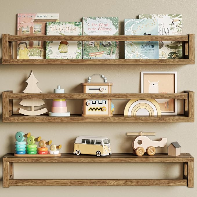 Upgraded Thick Floating Shelves, 24 Inch Solid Wood Bookshelf for Wall, Floating Book Shelves Use as Wall Shelves for Bedroom, Living Room, Kitchen, Books, Spice Rack & Decor - Walnut Brown
