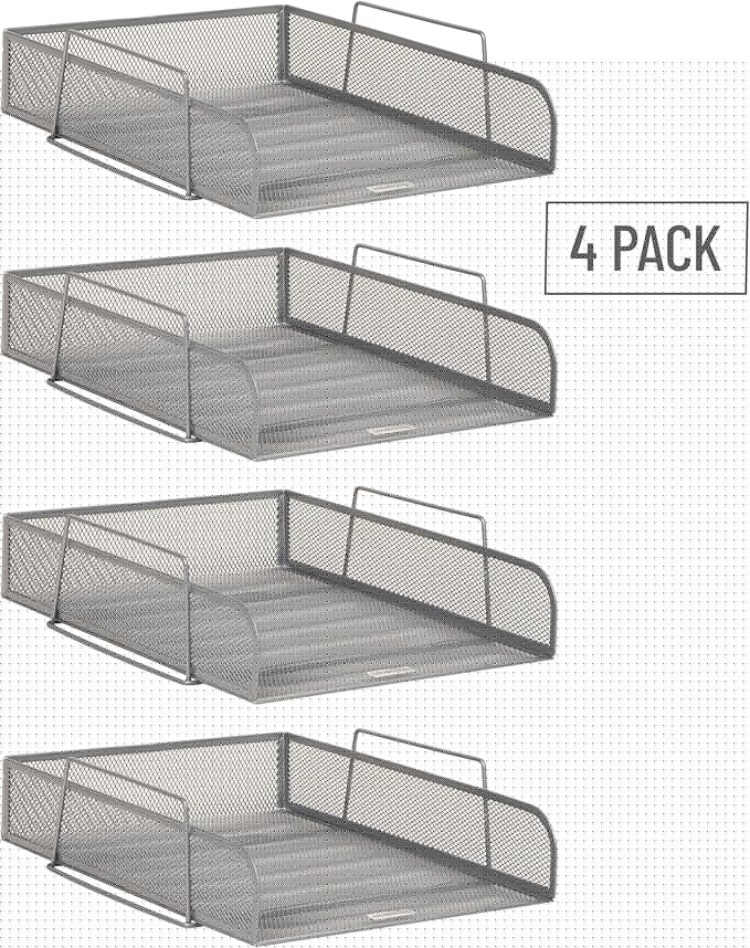 Mind Reader Stackable Paper Tray, Desktop Organizer, File Storage, Office, Metal Mesh, 10.5" L x 13.5" W x 11.25" H, 4 Pcs., Silver
