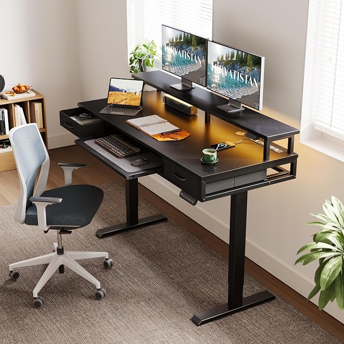 AODK 55 Inch Electric Standing Desk with Drawers & Keyboard Tray, Black | 3 Outlets & 2 USB Ports, 20-Mode LED Lights, Monitor Stand, Cable Management Tray, 3 Memory Heights, 29.9"-46.1" in Range