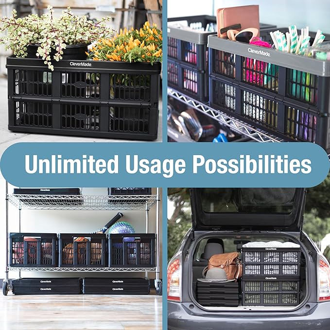 CleverMade Collapsible Utility Crates 45L (3 Pack) – Foldable Plastic Crates with Heavy Duty 66 lb Capacity, Collapsible Crates for Storage, Trunk Organization, Moving - Obsidian