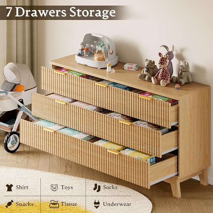 BORNOON 57" Long Dresser for Bedroom, 7-Drawer Fluted Chest, Wide Wood Storage Dresser with Metal Slides and Handles, Stable Base, Modern Clothes Organizer for Primary Suite, Guest Room, Nursery