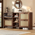 knoworld 63" Wood Rattan Shoe Storage Cabinet for Entryway, Walnut | Slim Hidden Shoe Cabinet, Narrow Shoe Organizer Cabinet with 4 Flip Drawers, 3-Tier Shelves for Hallway Foye Entrance