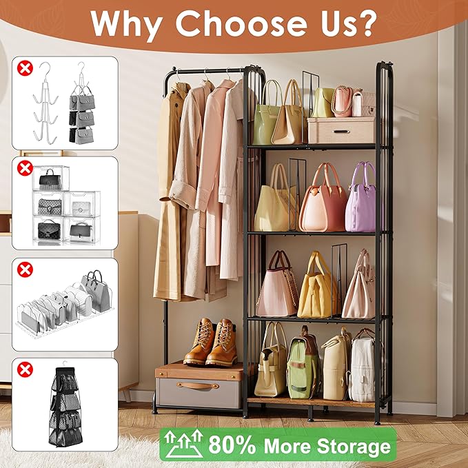 Honkazita 4-Tier Purse Storage for Closet with Adjustable Feet & Dividers, High Capacity Closet Purse Organizer for Small Place Iron & Wood Handbag Storage - Purse Organizer for Closet & Narrow Spaces